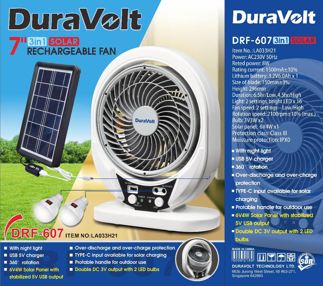 duravolt solar rechargeable fan