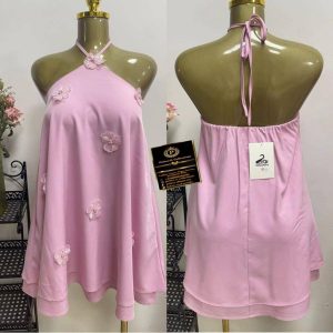 Pink halter-neck mini dress with floral appliques